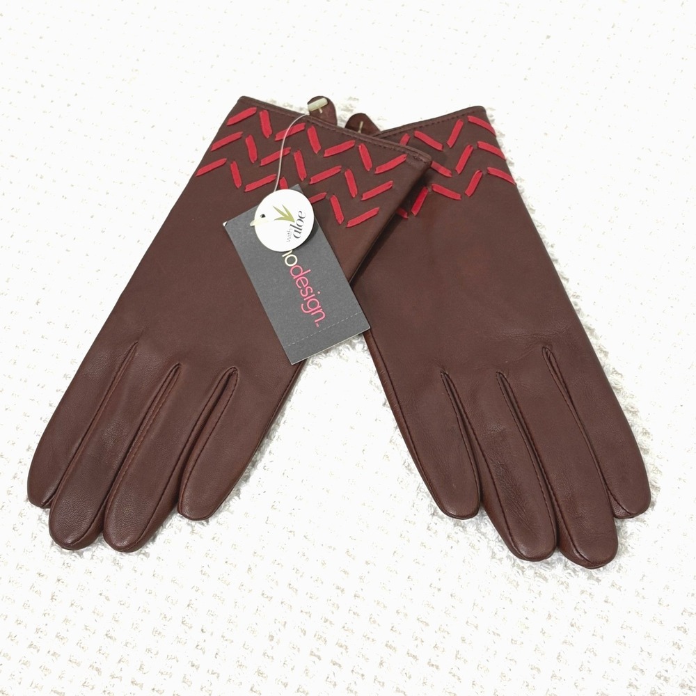 NWT Echo Womens Leather Gloves Medium Brown Red Stitch Detail Lined Quiet Luxury